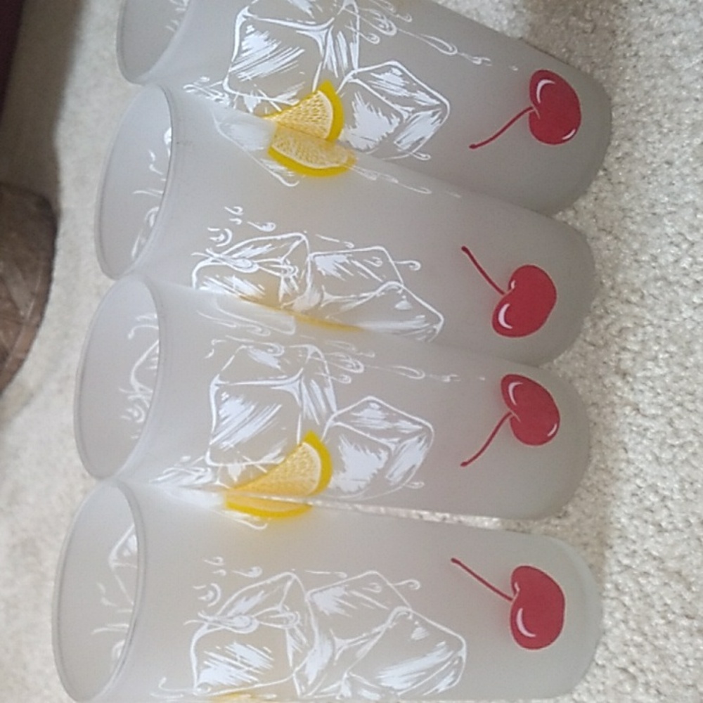 VINTAGE TOM COLLINS FROSTED SLIM LEMON & CHERRY 4 GLASSES #22